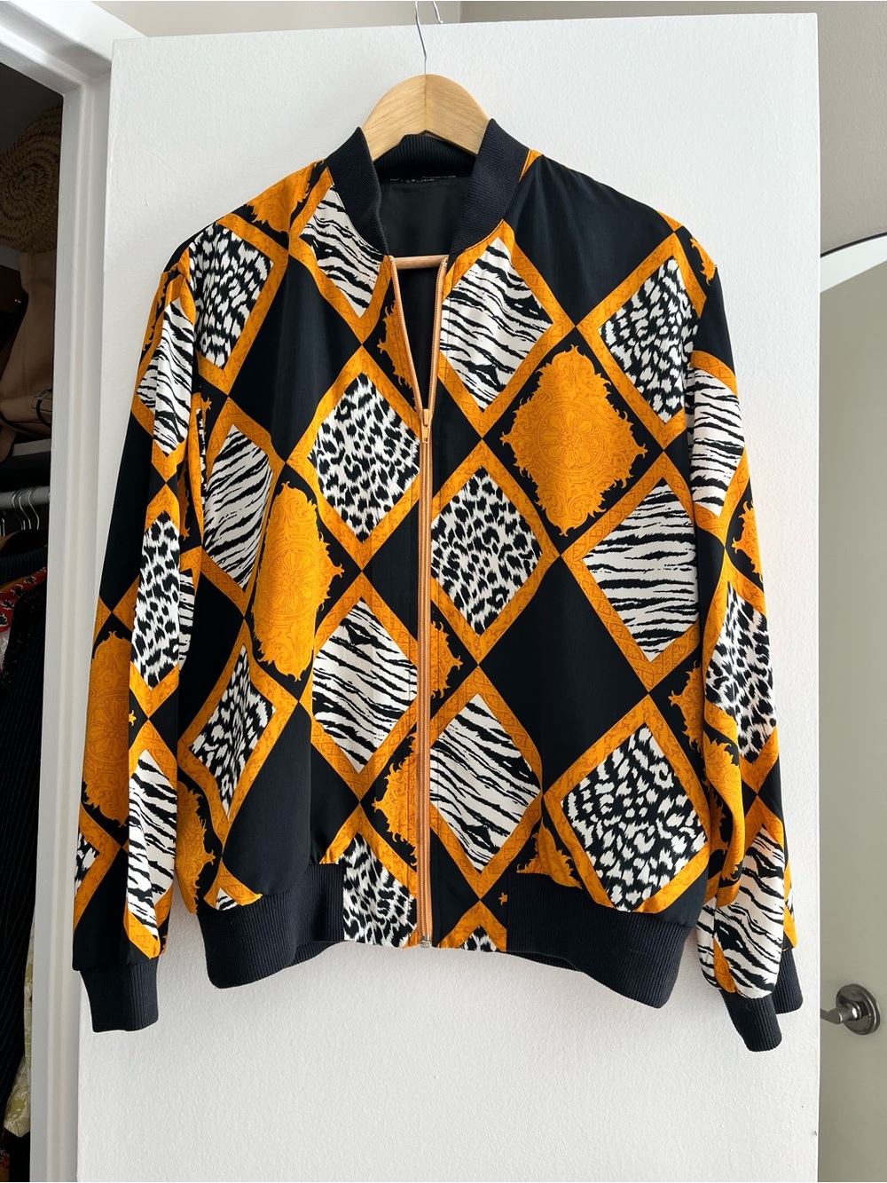 Black & Gold Patterned Bomber Jacket